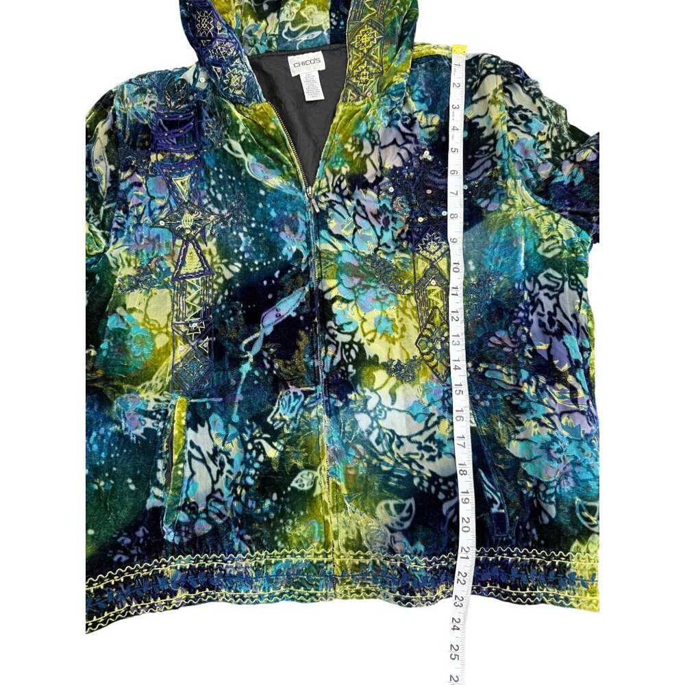 Chicos Velvet Burnout Jacket Hoodie Vintage Blue Green Fairy Boho Full-Zip Silk - Picture 6 of 7